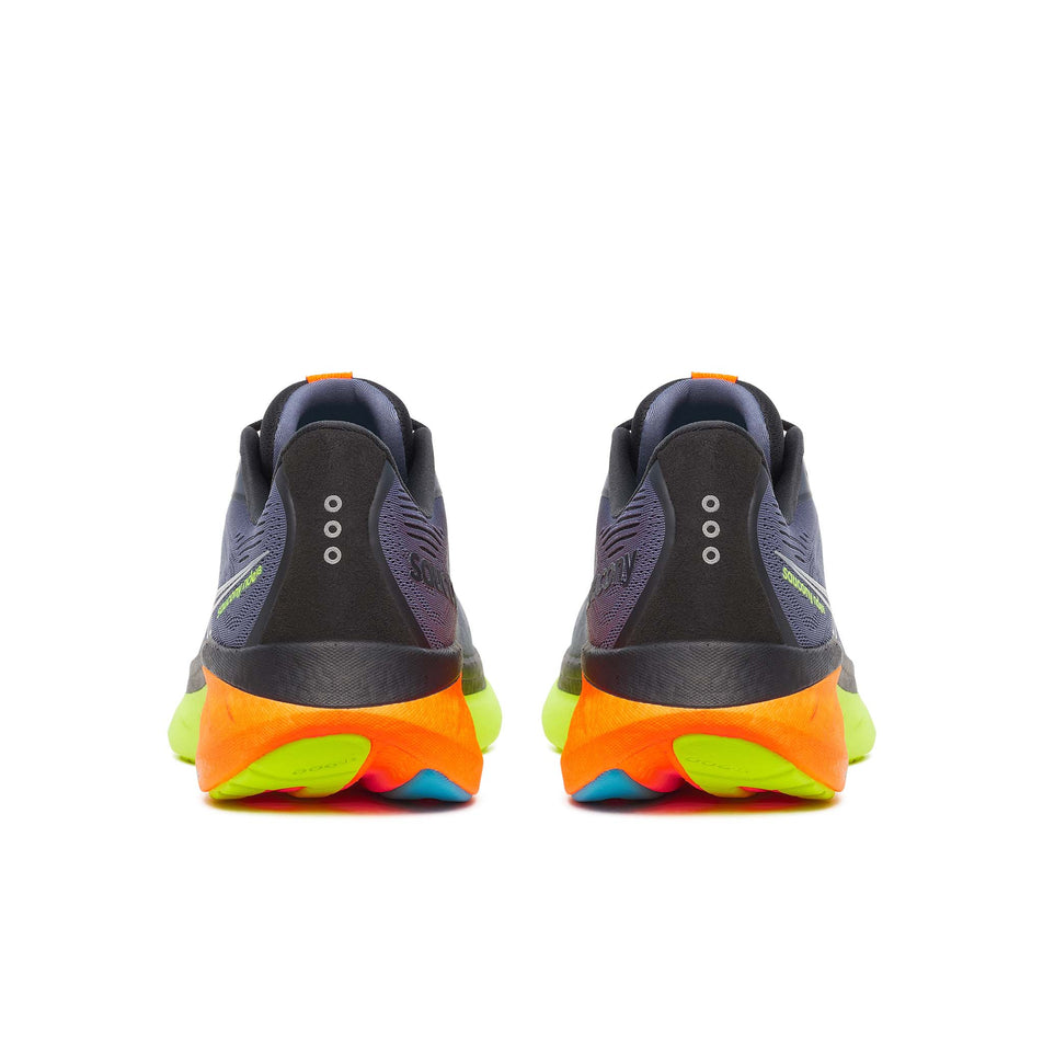 The back of a pair of Saucony Men's Ride 18 Running Shoes in the Shadow/Vizi colourway. (8654251720866)