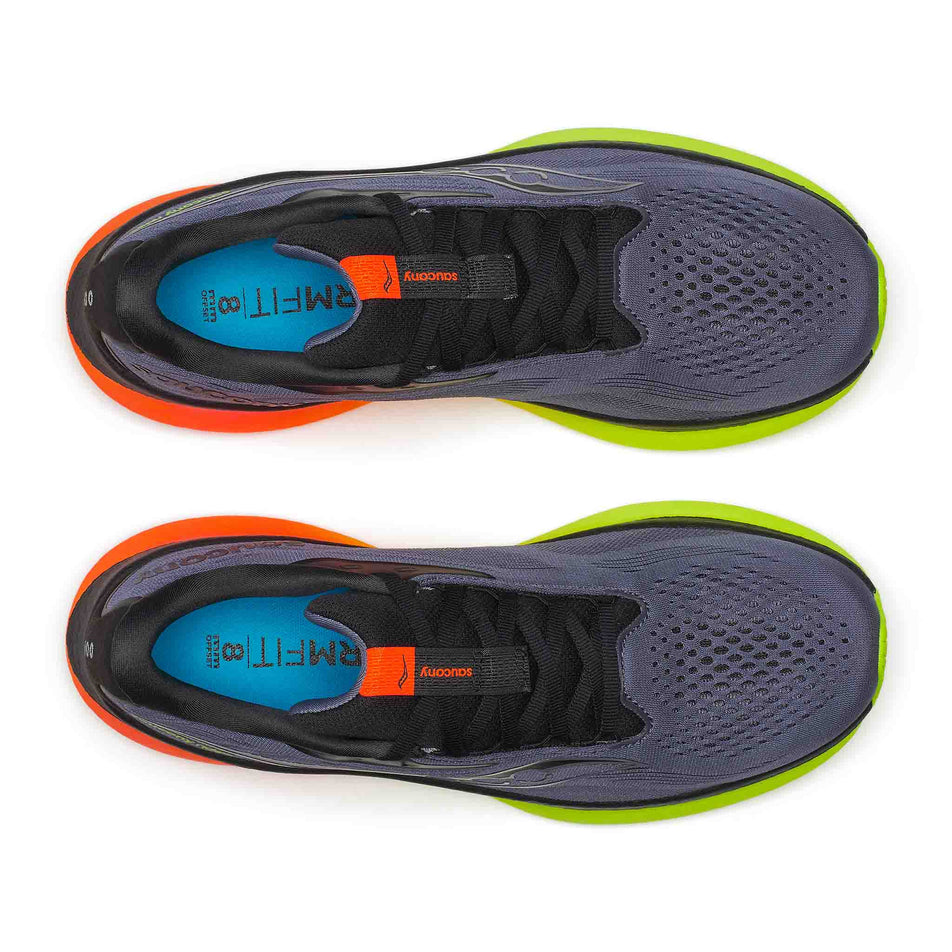 The uppers of a pair of Saucony Men's Ride 18 Running Shoes in the Shadow/Vizi colourway. (8654251720866)
