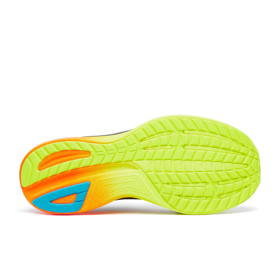 The outsole of the right shoe from a pair of Saucony Men's Ride 18 Running Shoes in the Shadow/Vizi colourway. (8654251720866)