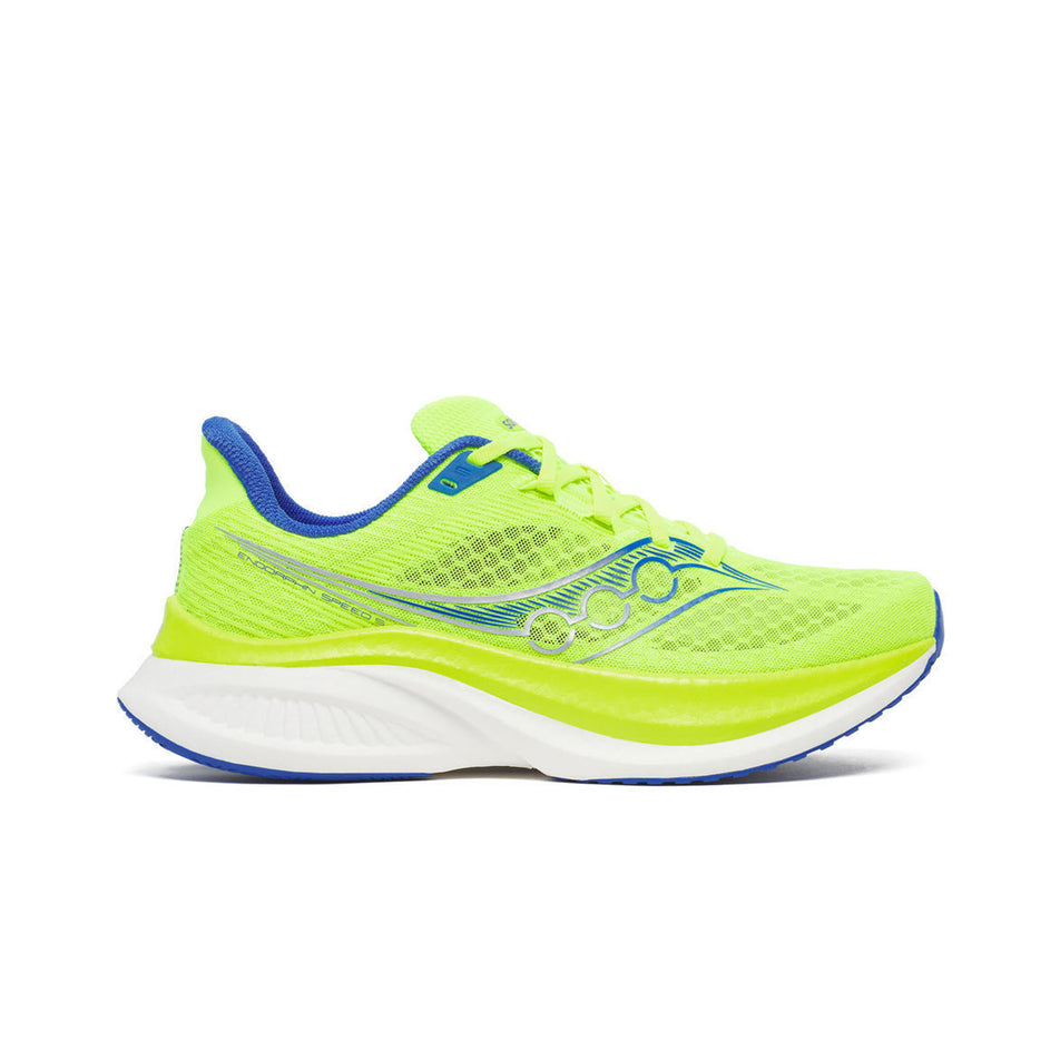 Lateral view of the right shoe from a pair of Saucony Men's Endorphin Speed 5 Running Shoes in the Citron/Lapis colourway. (8654226555042)
