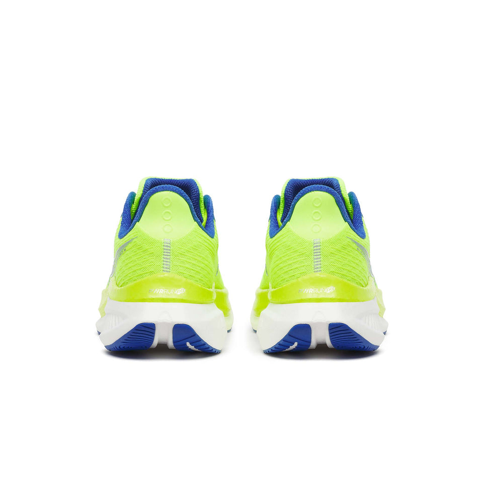 The back of a pair of Saucony Men's Endorphin Speed 5 Running Shoes in the Citron/Lapis colourway. (8654226555042)