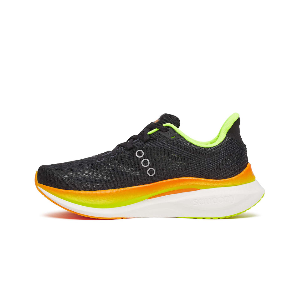 Medial view of the right shoe from a pair of Saucony Men's Endorphin Speed 5 Running Shoes in the Black/VO2 colourway. (8654199095458)