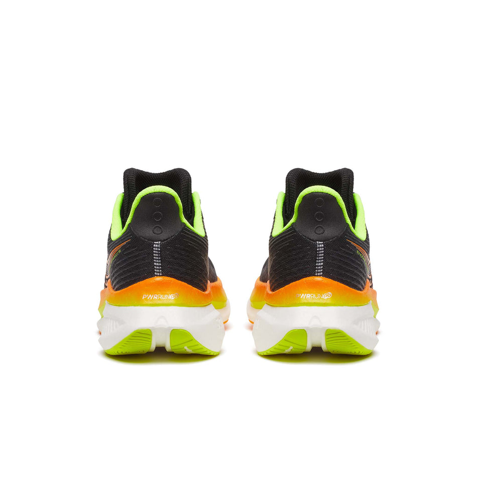 The back of a pair of Saucony Men's Endorphin Speed 5 Running Shoes in the Black/VO2 colourway. (8654199095458)