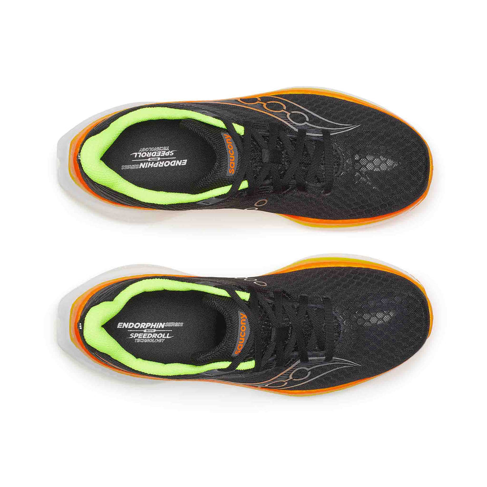 The uppers of a pair of Saucony Men's Endorphin Speed 5 Running Shoes in the Black/VO2 colourway. (8654199095458)