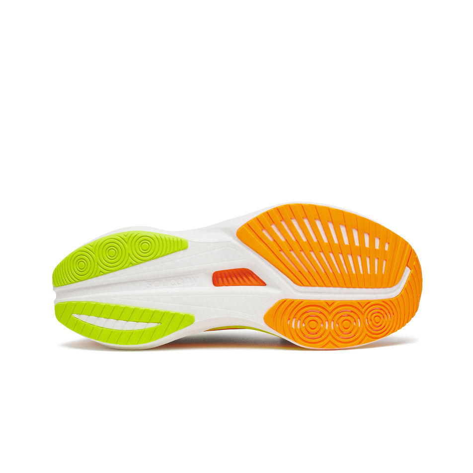 The outsole of the right shoe from a pair of Saucony Men's Endorphin Speed 5 Running Shoes in the Black/VO2 colourway. (8654199095458)