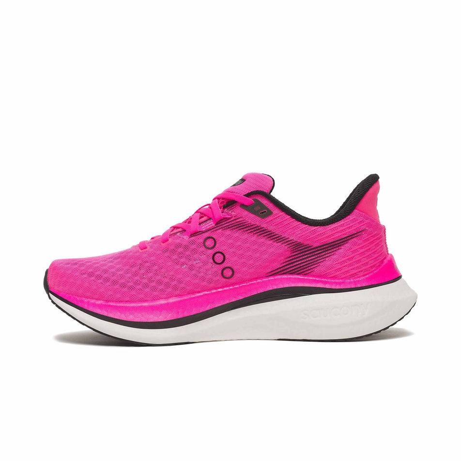 Medial view of the right shoe from a pair of Saucony Men's Endorphin Speed 5 Running Shoes in the Shock/Black colourway.