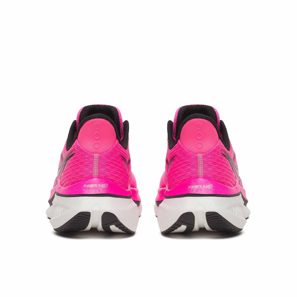 The back of a pair of Saucony Men's Endorphin Speed 5 Running Shoes in the Shock/Black colourway.