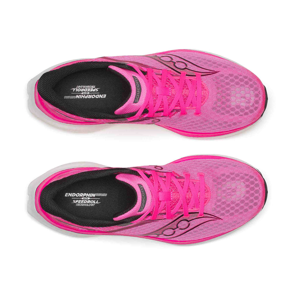 The uppers of a pair of Saucony Men's Endorphin Speed 5 Running Shoes in the Shock/Black colourway.