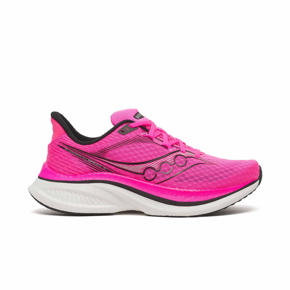 Lateral view of the right shoe from a pair of Saucony Men's Endorphin Speed 5 Running Shoes in the Shock/Black colourway.
