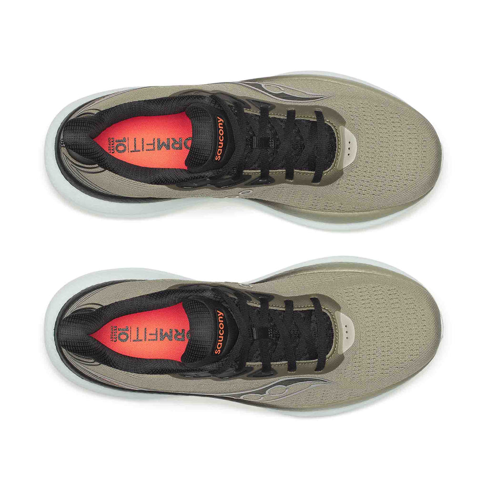 The uppers of a pair of Saucony Men's Triumph 23 Running Shoes in the Laurel/Black colourway.