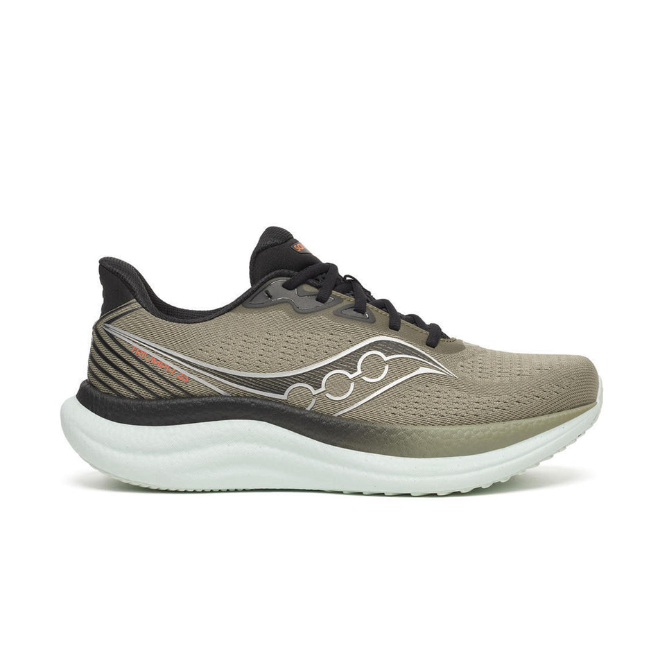 Lateral view of the right shoe from a pair of Saucony Men's Triumph 23 Running Shoes in the Laurel/Black colourway.