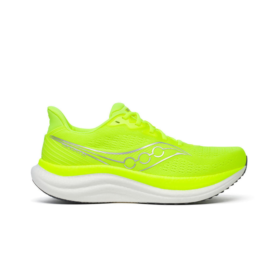 Lateral view of the right shoe from a pair of Saucony Men's Triumph 23 Running Shoes in the Citron colourway. (8654247755938)