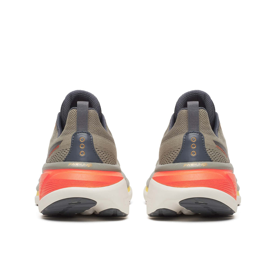 The back of a pair of Saucony Men's Hurricane 25 Running Shoes in the Laurel/Fire colourway.