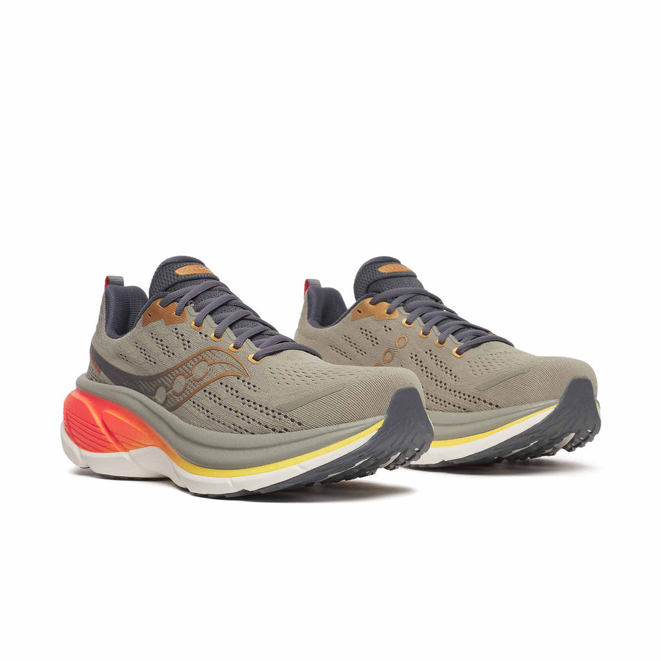 A pair of Saucony Men's Hurricane 25 Running Shoes in the Laurel/Fire colourway.