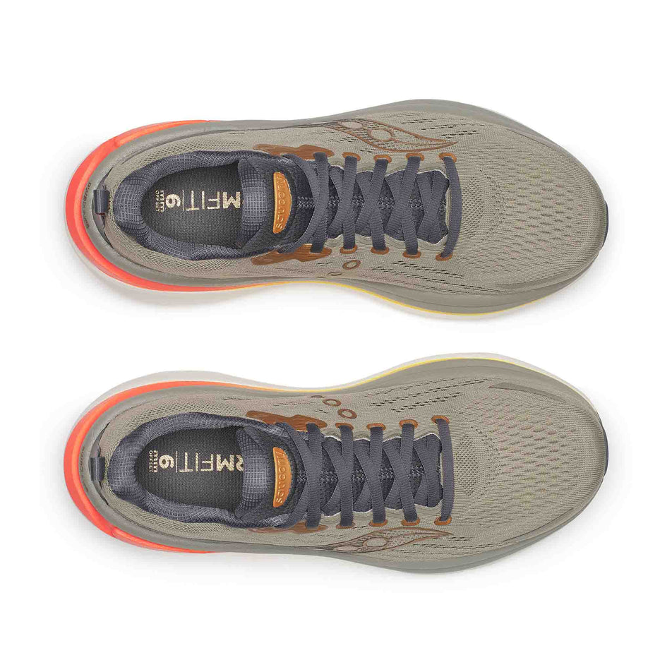 The uppers of a pair of Saucony Men's Hurricane 25 Running Shoes in the Laurel/Fire colourway.