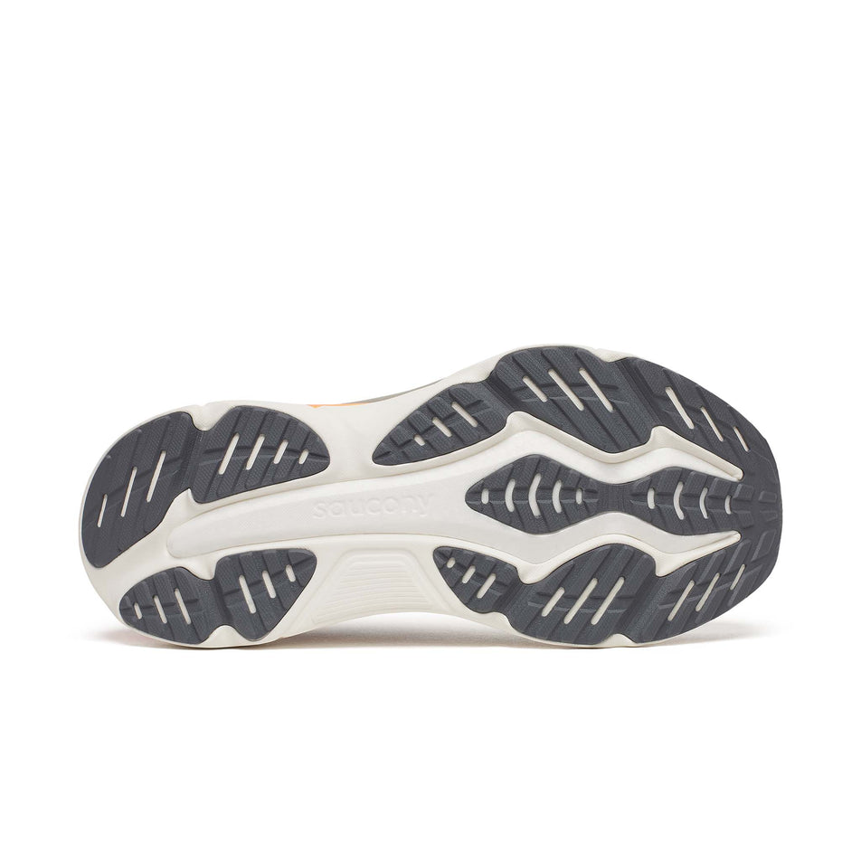 The outsole of the right shoe from a pair of Saucony Men's Hurricane 25 Running Shoes in the Laurel/Fire colourway.