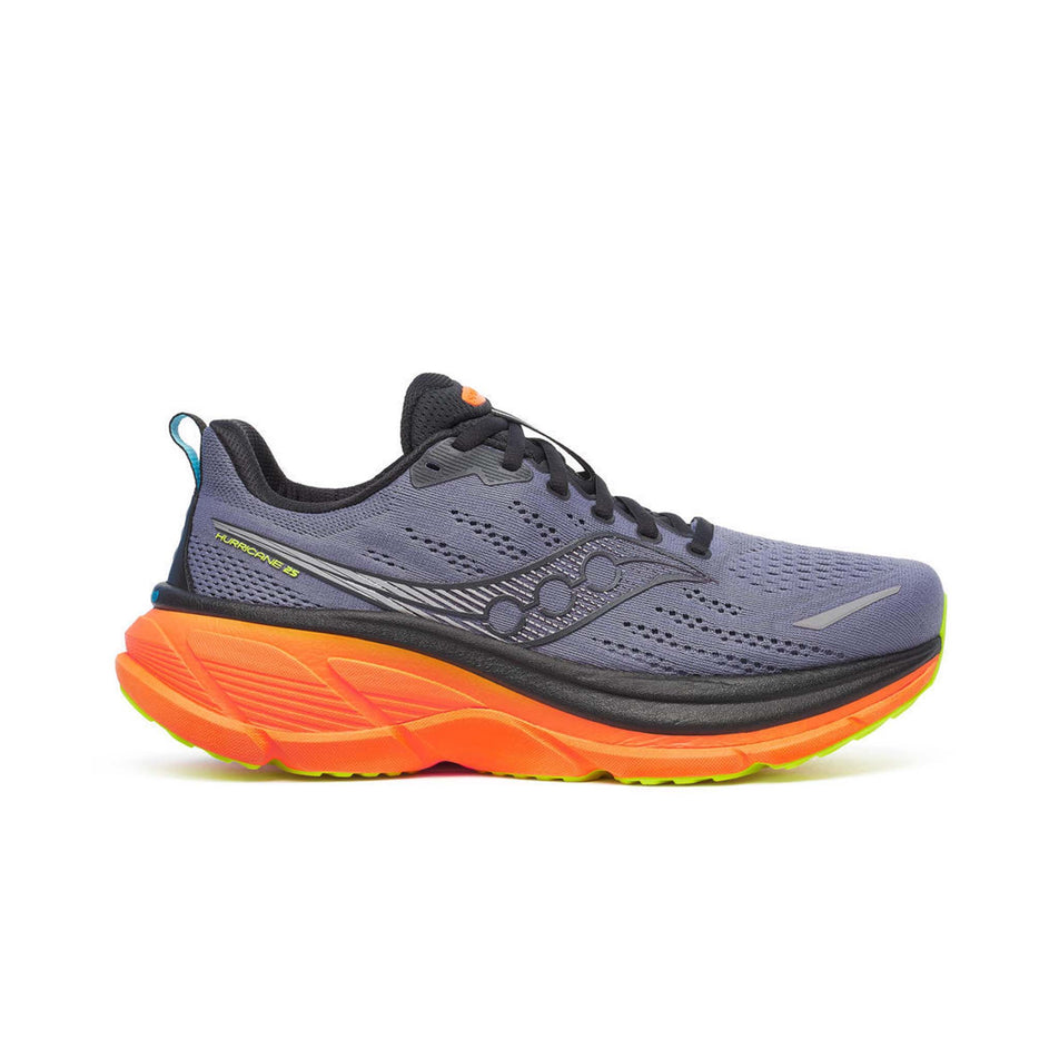 Lateral view of the right shoe from a pair of Saucony Men's Hurricane 25 Running Shoes in the Shadow/Vizi colourway. (8654937882786)