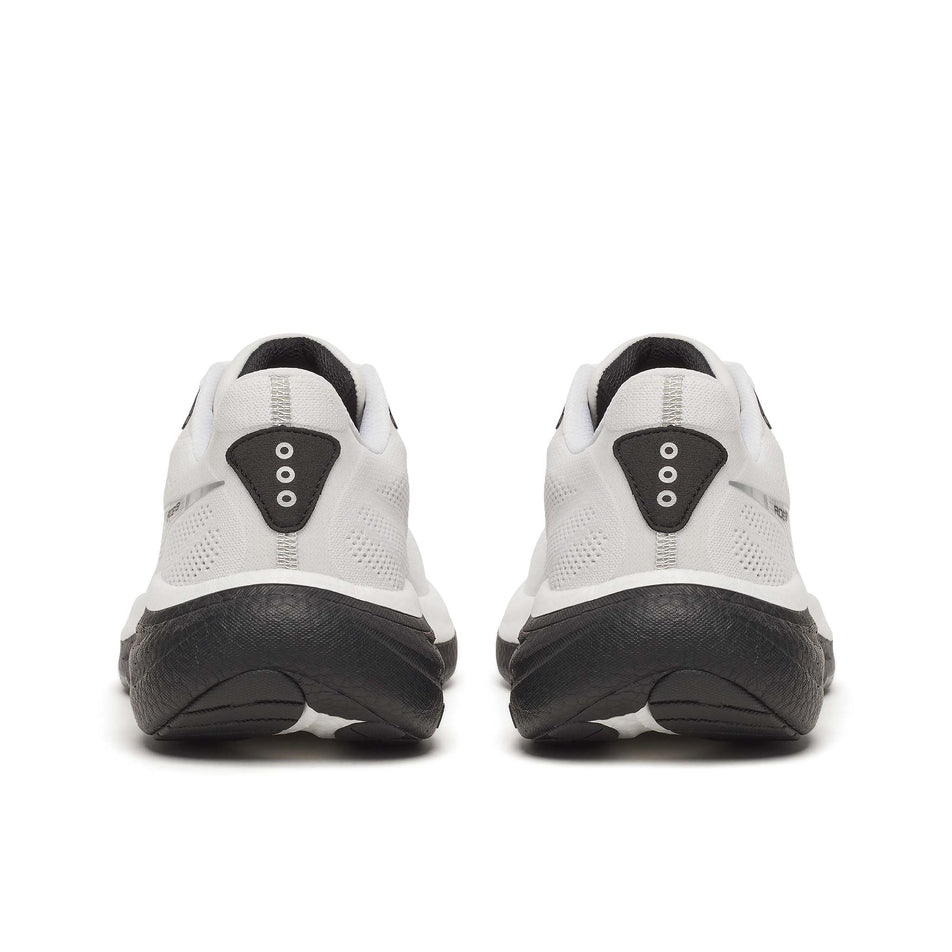 The back of a pair of Saucony Men's Ride 19 Running Shoes in the White/Black colourway.