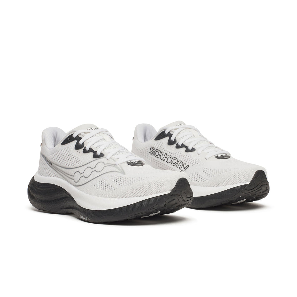 A pair of Saucony Men's Ride 19 Running Shoes in the White/Black colourway.