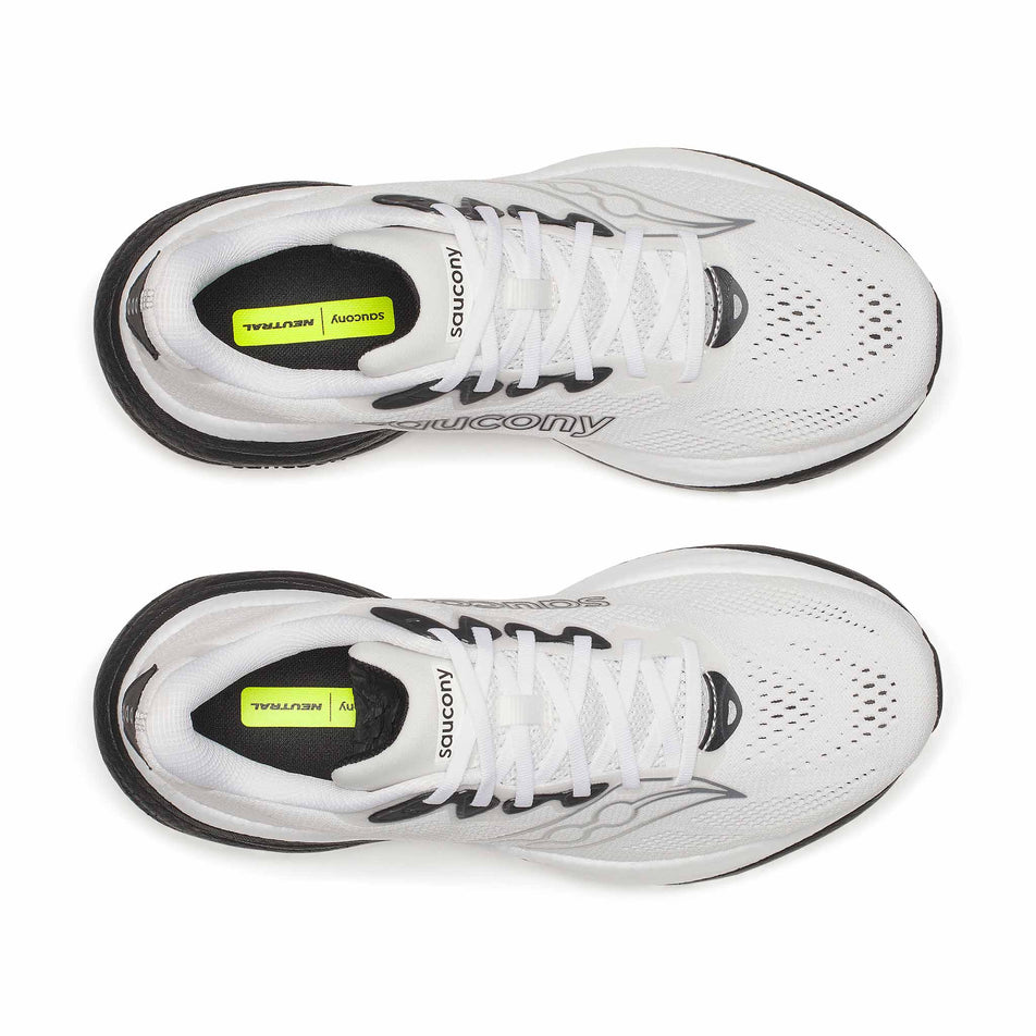 The uppers of a pair of Saucony Men's Ride 19 Running Shoes in the White/Black colourway.