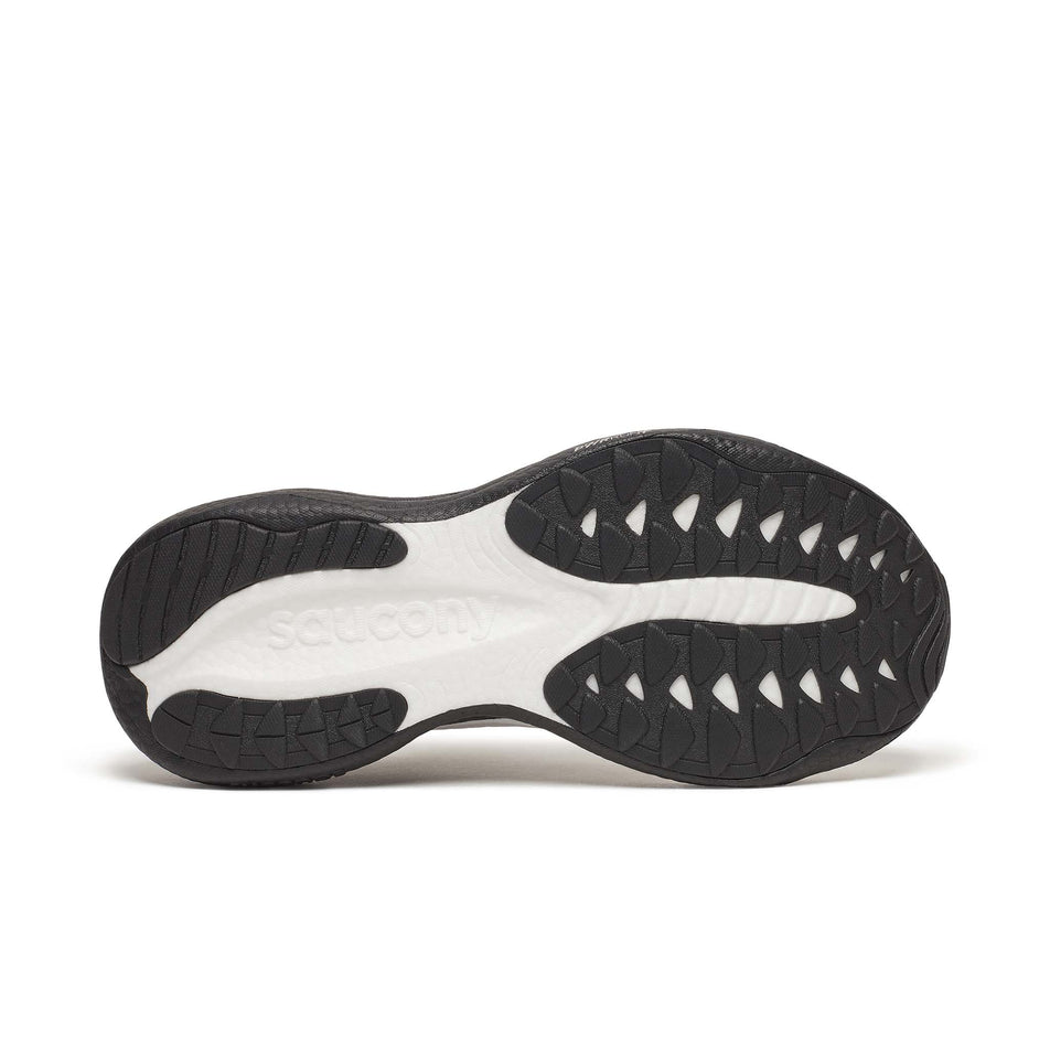 The outsole of the right shoe from a pair of Saucony Men's Ride 19 Running Shoes in the White/Black colourway.