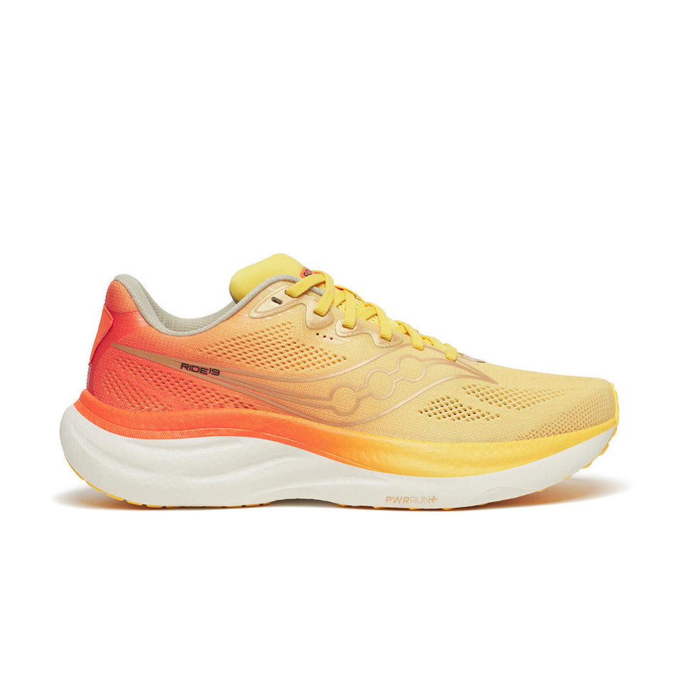 Lateral view of the right shoe from a pair of Saucony Men's Ride 19 Running Shoes in the Sunrise colourway.