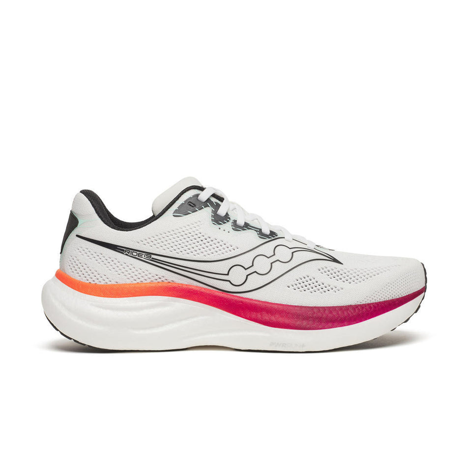 Lateral view of the right shoe from a pair of Saucony Men's Ride 19 Running Shoes in the White/Crimson colourway.