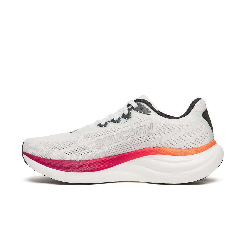 Medial view of the right shoe from a pair of Saucony Men's Ride 19 Running Shoes in the White/Crimson colourway.