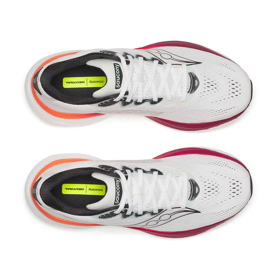 The uppers of a pair of Saucony Men's Ride 19 Running Shoes in the White/Crimson colourway.