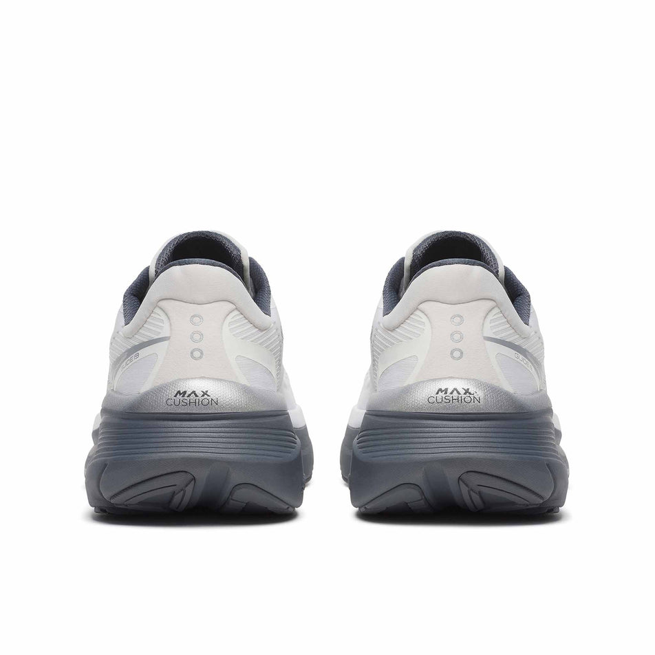 The back of a pair of Saucony Men's Guide 19 Running Shoes in the White/Shadow colourway.