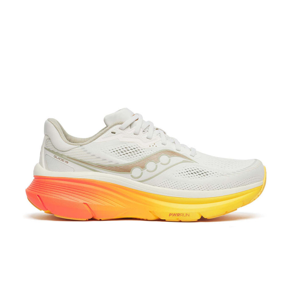 Lateral view of the right shoe from a pair of Saucony Men's Guide 19 Running Shoes in the Ivory/Fire colourway.