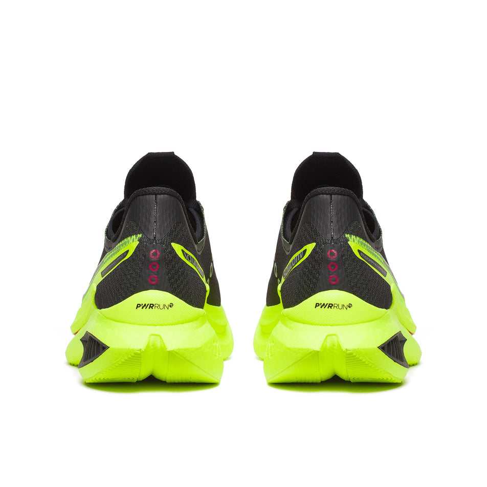 The back of a pair of Saucony Men's Endorphin Pro 5 Running Shoes in the Citron/Black colourway.