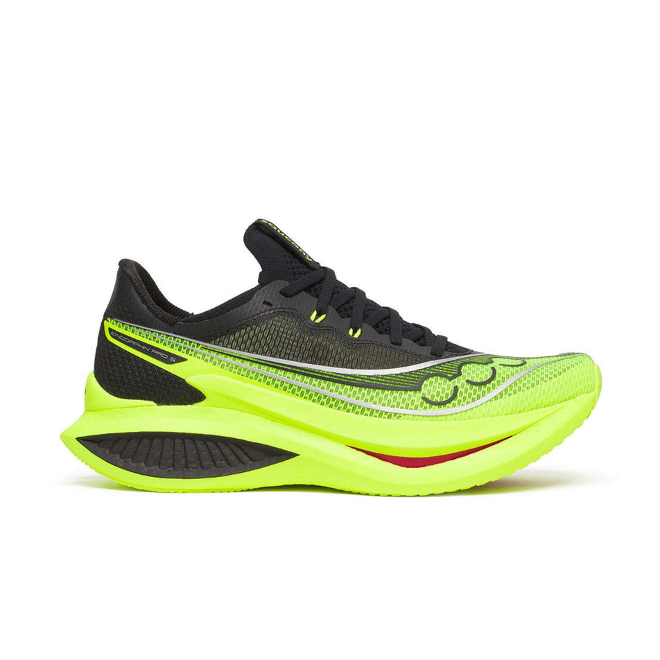 Lateral view of the right shoe from a pair of Saucony Men's Endorphin Pro 5 Running Shoes in the Citron/Black colourway.