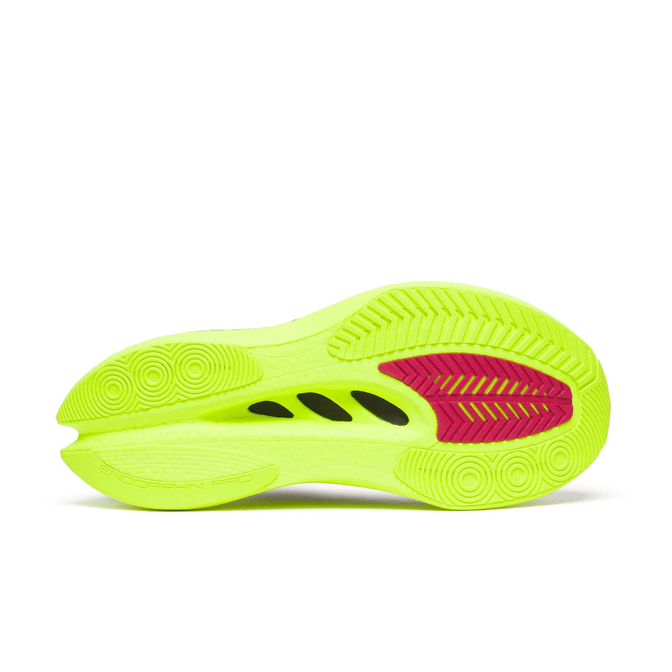 The outsole of the right shoe from a pair of Saucony Men's Endorphin Pro 5 Running Shoes in the Citron/Black colourway.