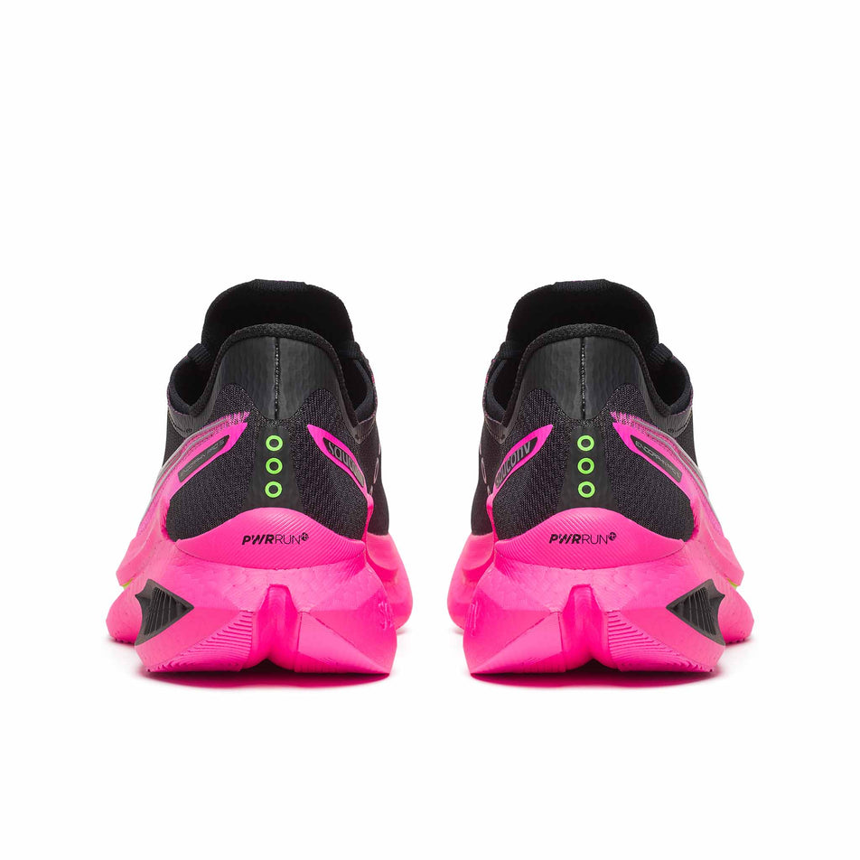 The back of a pair of Saucony Men's Endorphin Pro 5 Running Shoes in the Black/Shock colourway.