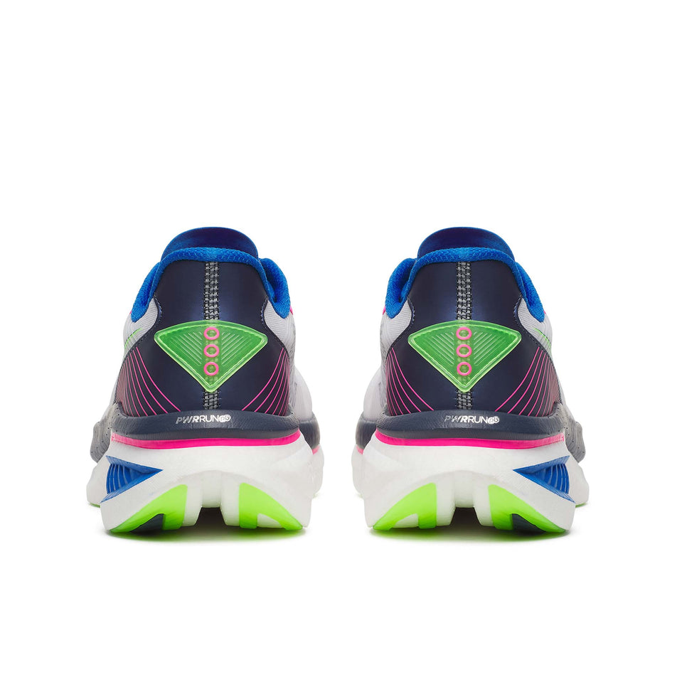 The back of a pair of Saucony Men's Endorphin Azura Running Shoes in the White/Navy colourway.