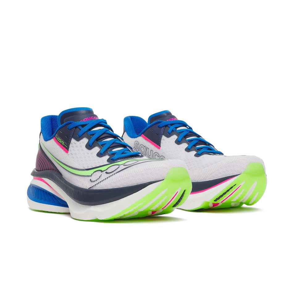 A pair of Saucony Men's Endorphin Azura Running Shoes in the White/Navy colourway.