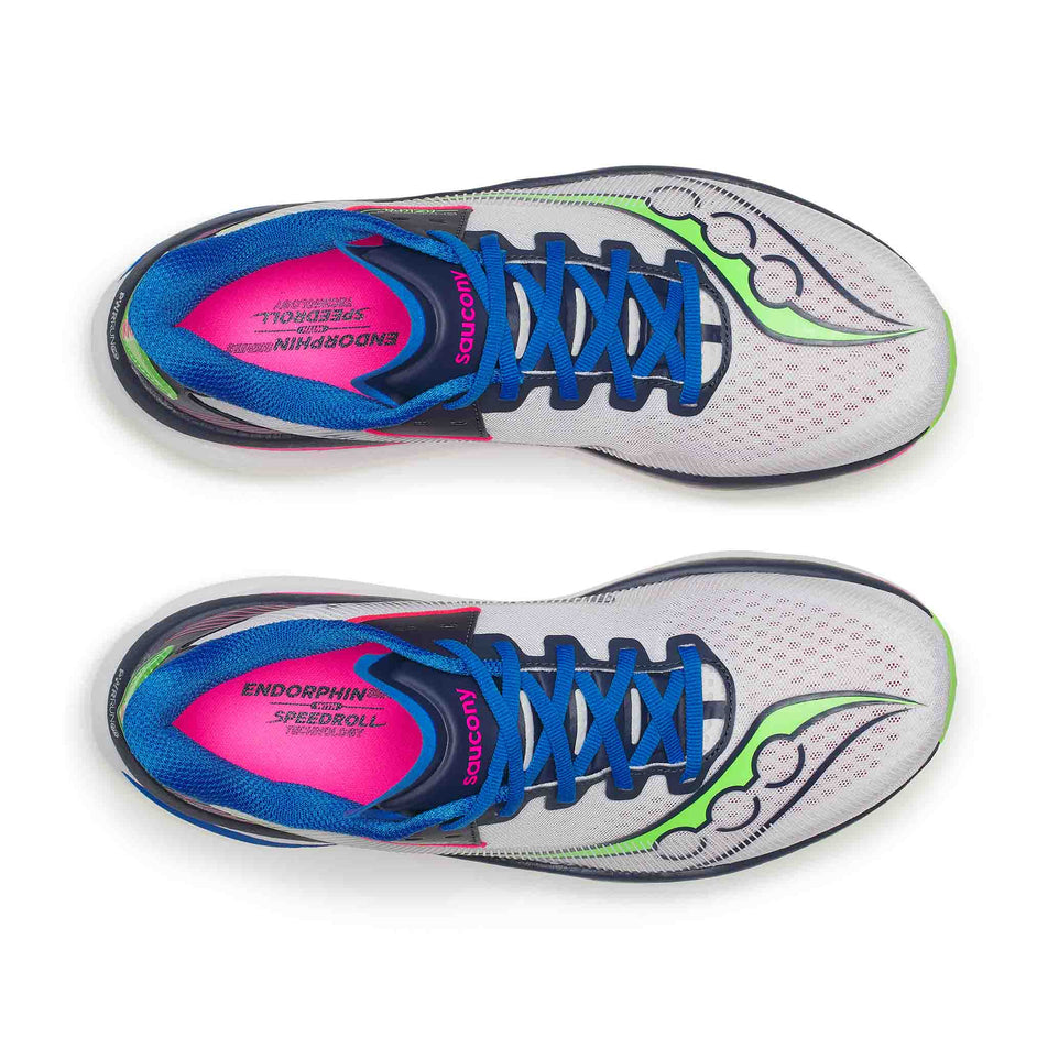 The uppers of a pair of Saucony Men's Endorphin Azura Running Shoes in the White/Navy colourway.