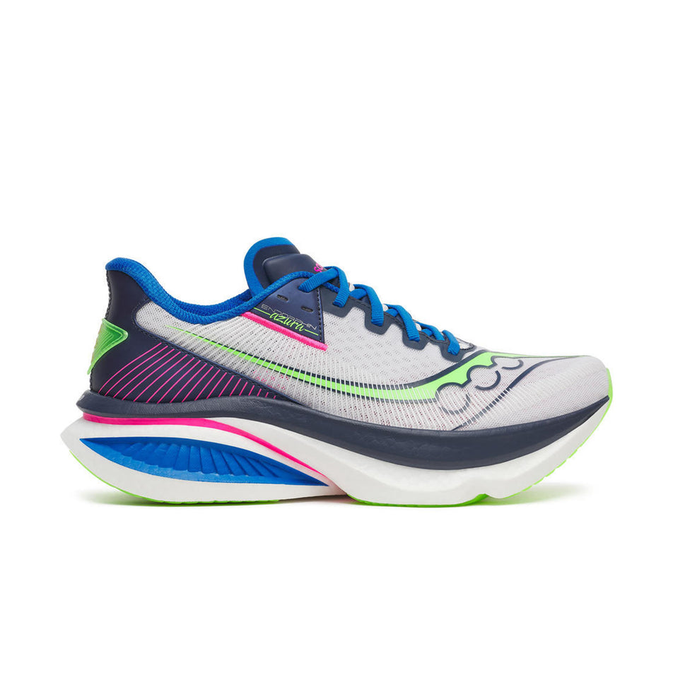 Lateral view of the right shoe from a pair of Saucony Men's Endorphin Azura Running Shoes in the White/Navy colourway.