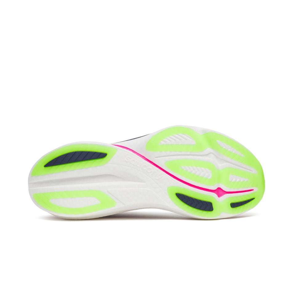 The outsole of the right shoe from a pair of Saucony Men's Endorphin Azura Running Shoes in the White/Navy colourway.