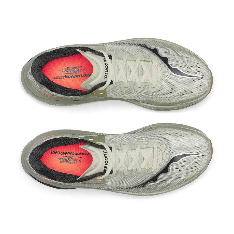 The uppers of a pair of Saucony Men's Endorphin Azura Running Shoes in the Sage/Laural colourway.