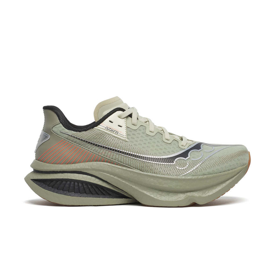 Lateral view of the right shoe from a pair of Saucony Men's Endorphin Azura Running Shoes in the Sage/Laural colourway.