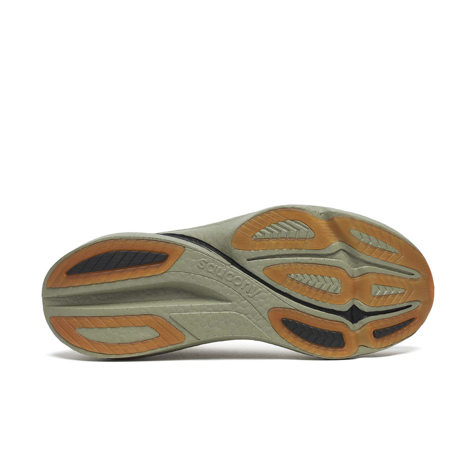 The outsole of the right shoe from a pair of Saucony Men's Endorphin Azura Running Shoes in the Sage/Laural colourway.