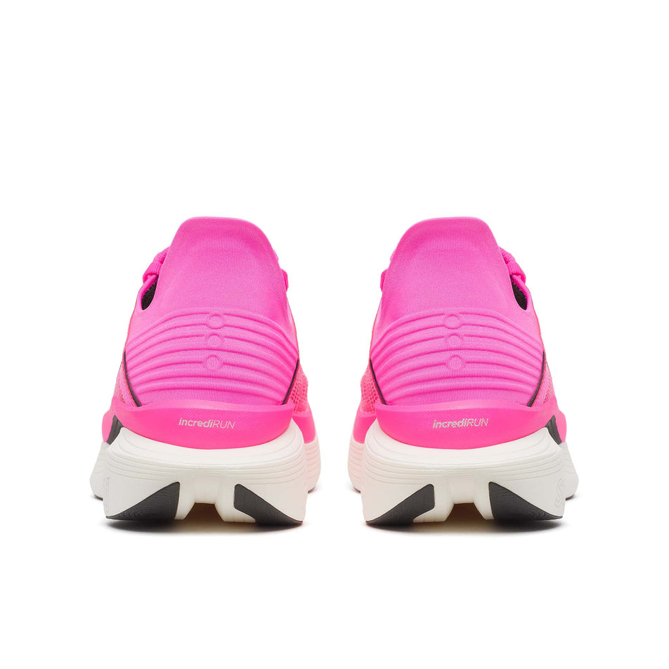 The back of a pair of Saucony Unisex Endorphin Elite 2 Running Shoes in the Shock/Black colourway.