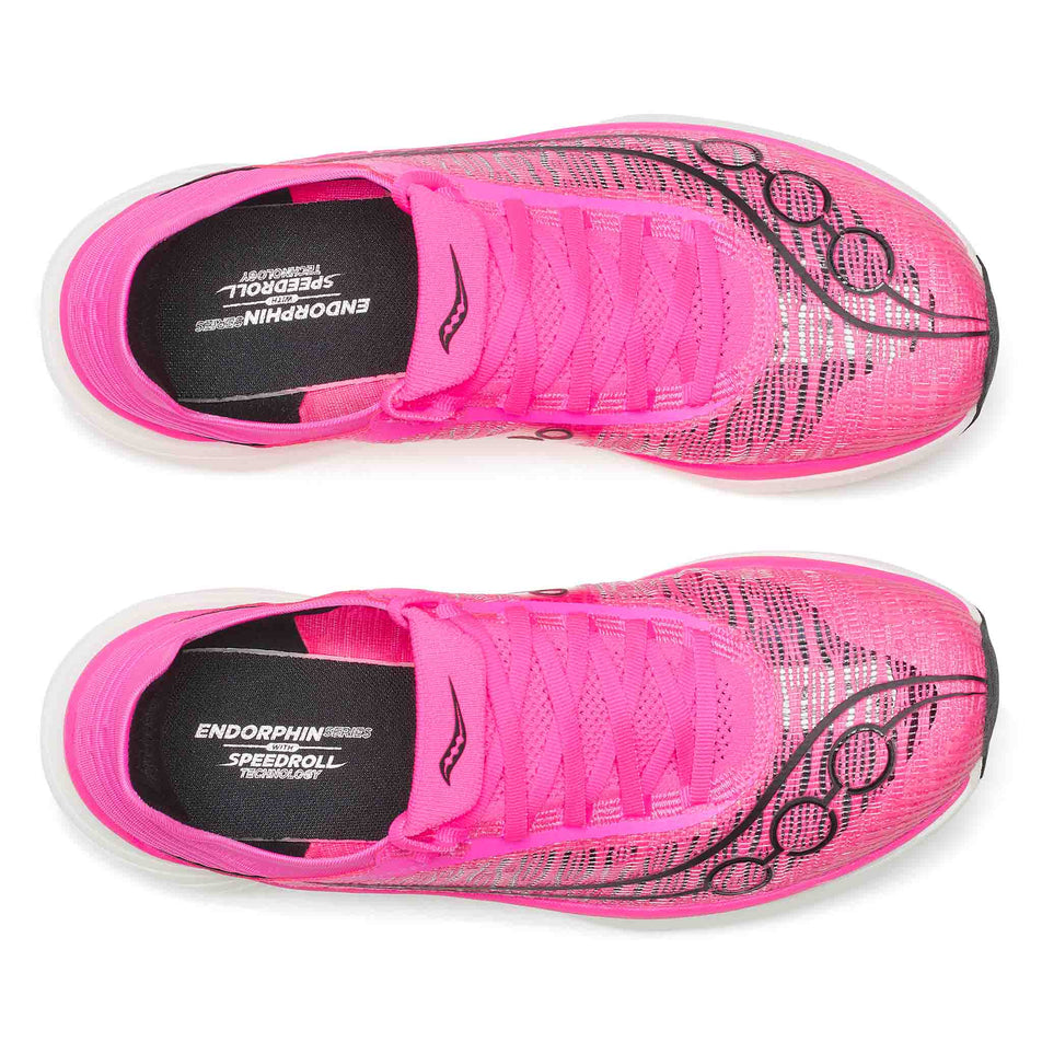 The uppers of a pair of Saucony Unisex Endorphin Elite 2 Running Shoes in the Shock/Black colourway.