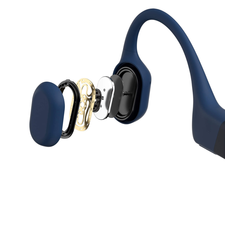 A visual of some of the inner components of the left earbud from a pair of Shokz Unisex OpenRun Wireless Bone Conduction Headphones in the Blue clourway.  (8541454467234)