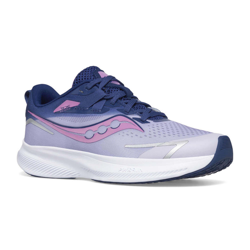 Lateral side of the right shoe from a pair of Saucony Girls' Ride 15 Running Shoes in the Mauve/Indigo colourway (7996862955682)