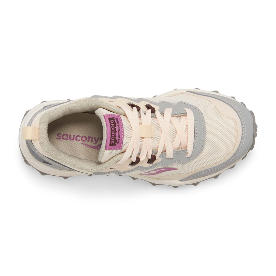 The upper on a pair of Saucony Kids' Peregrine Running Shoes in the Orchid colourway (8401889722530)