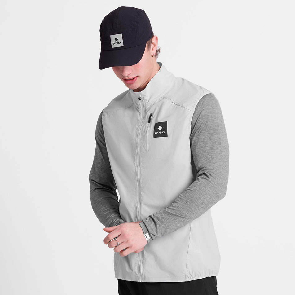 Front view of a model wearing the SAYSKY Unisex Clean Pace Flex Vest in the Grey colourway.