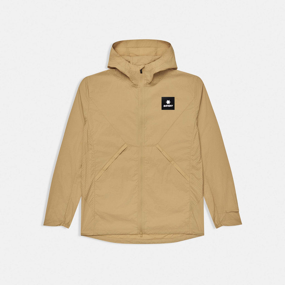 Front view of the SAYSKY Men's Pace Tech Jacket in the Beige colourway.